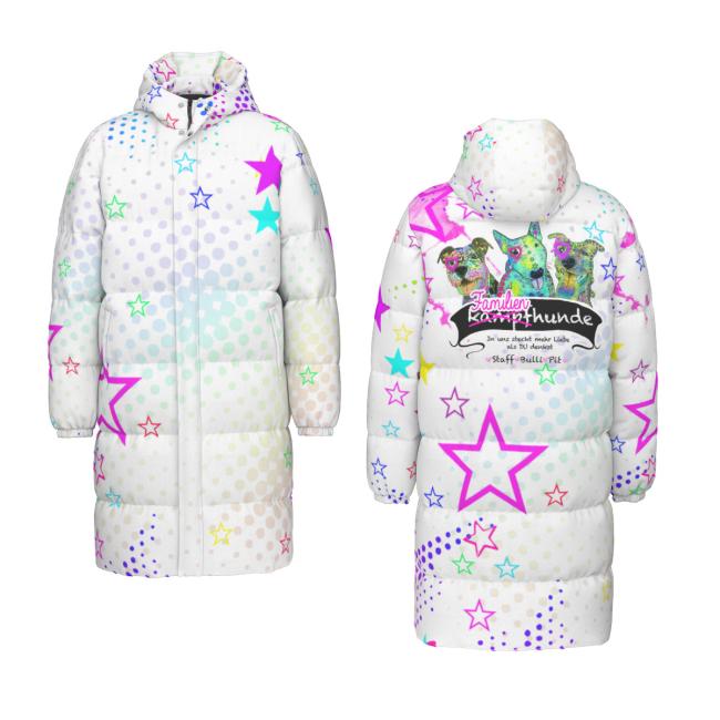 Warme Wintermantel mit Hundemotiv Familienhunde – Popart Hundemotiv, 90% Daunen, 10% Federn, bunt, stylisch, AmStaff, Staff, Staffordshire, Pitbull, Pit, Soka, XXL Bully, Größe XS- 4XL